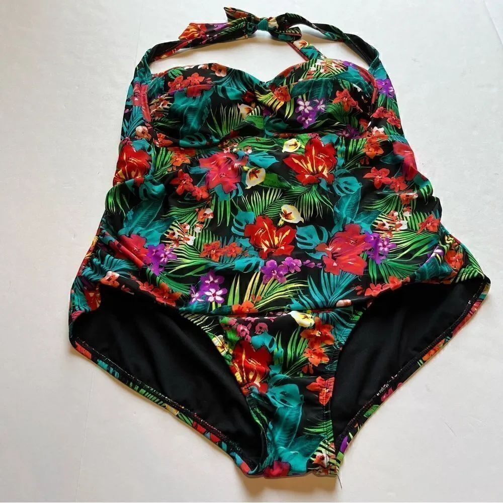 Catalina Women's One Piece Swim Suit Black/Red Floral Multi Size 3X (22W-24W)